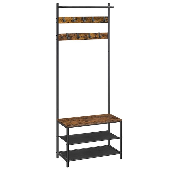 A free-standing coat rack with two rows of hooks, a top rail for extra hanging, and a wooden bench with two metal shelves underneath, providing a versatile storage solution.