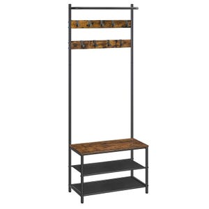 A free-standing coat rack with two rows of hooks, a top rail for extra hanging, and a wooden bench with two metal shelves underneath, providing a versatile storage solution.