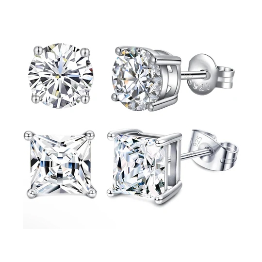 Two pairs of stud earrings: one with round-cut stones and the other with square-cut stones, both set in sterling silver with a \“925\“ hallmark.