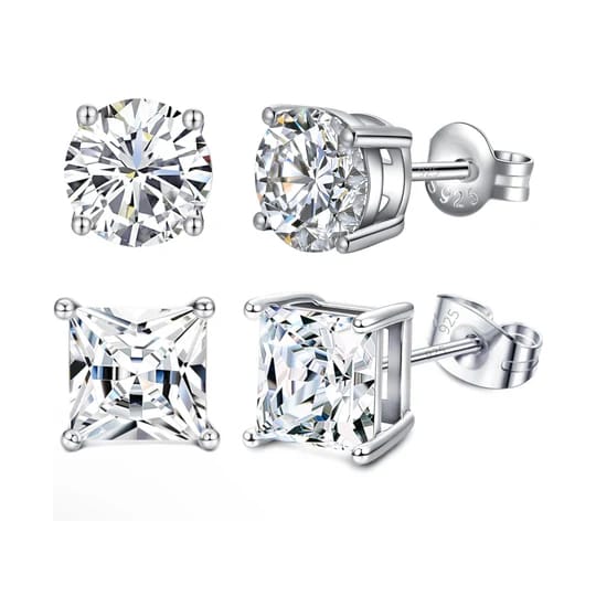 Two pairs of stud earrings: one with round-cut stones and the other with square-cut stones, both set in sterling silver with a \“925\“ hallmark.
