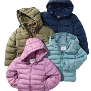 Four hooded puffer jackets in green, navy, pink, and light blue are displayed, each with quilted design and zip closure.
