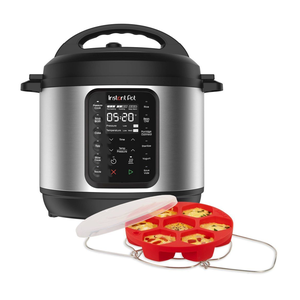 An Instant Pot with a digital display is shown alongside a red silicone egg mold with a lid and metal rack, used for making egg bites.