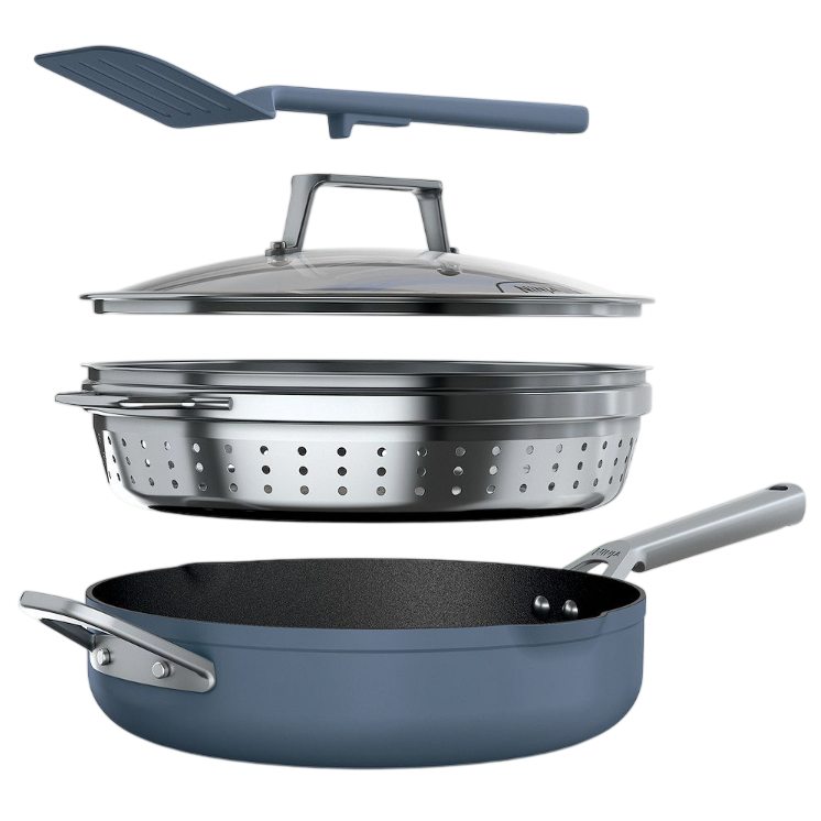 A detachable cookware set featuring a nonstick skillet, a stainless steel steamer insert, a glass lid, and a spatula.