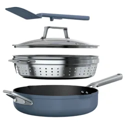 A detachable cookware set featuring a nonstick skillet, a stainless steel steamer insert, a glass lid, and a spatula.
