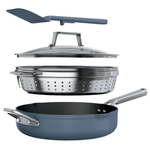 A detachable cookware set featuring a nonstick skillet, a stainless steel steamer insert, a glass lid, and a spatula.