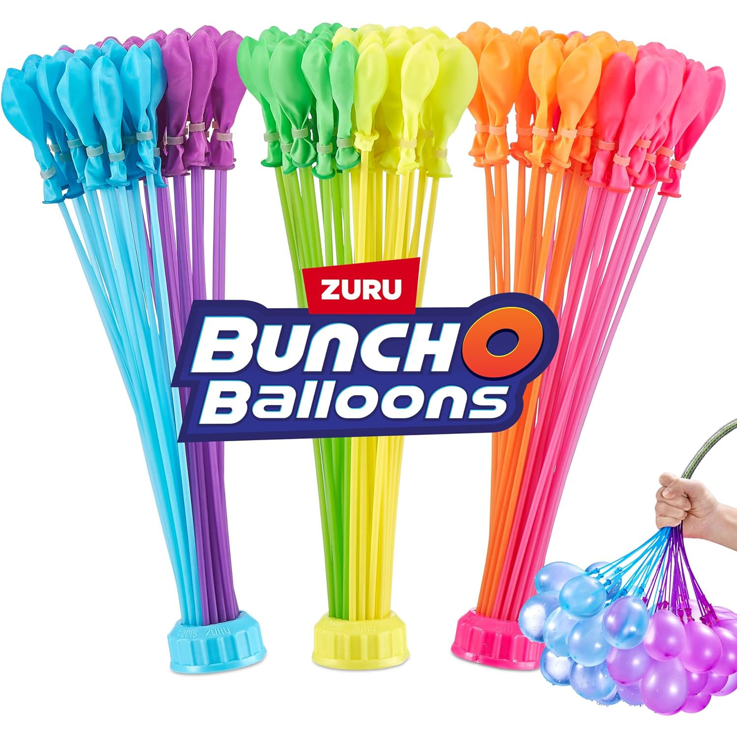 Zuru Bunch O Balloons Water Balloons, 105ct, features multiple bright colors and connect to a hose for quick filling. A hand holds a bunch filled with water, showing ease of use.