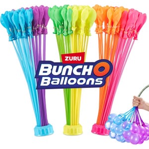 Zuru Bunch O Balloons Water Balloons, 105ct, features multiple bright colors and connect to a hose for quick filling. A hand holds a bunch filled with water, showing ease of use.