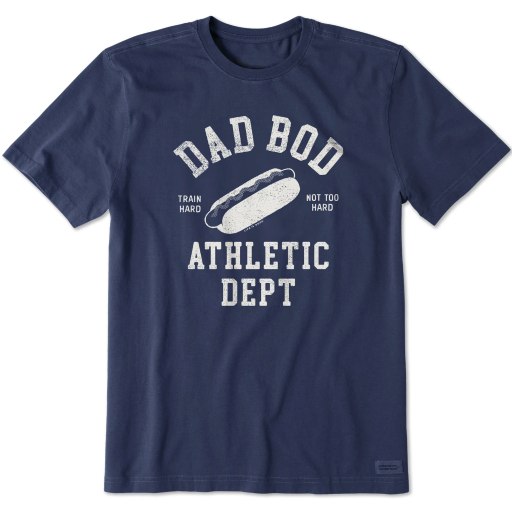 Navy blue T-shirt with \“DAD BOD ATHLETIC DEPT\“ text and a hot dog graphic, featuring the phrases \“TRAIN HARD\“ and \“NOT TOO HARD.\“
