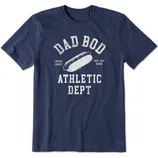 Navy blue T-shirt with \“DAD BOD ATHLETIC DEPT\“ text and a hot dog graphic, featuring the phrases \“TRAIN HARD\“ and \“NOT TOO HARD.\“