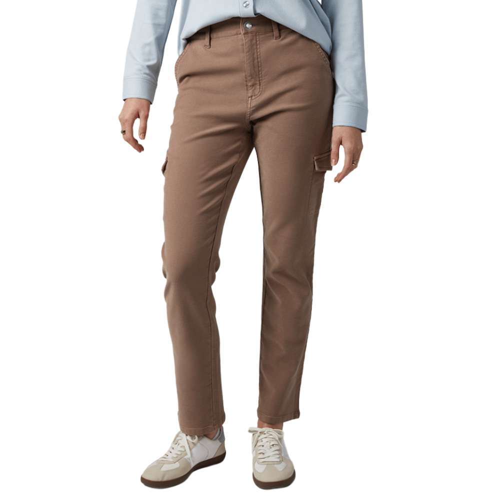 Brown cargo pants with side pockets paired with white sneakers and a light blue long-sleeve shirt.