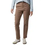 Brown cargo pants with side pockets paired with white sneakers and a light blue long-sleeve shirt.