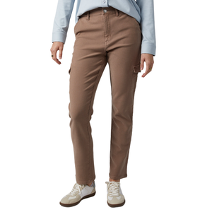 Brown cargo pants with side pockets paired with white sneakers and a light blue long-sleeve shirt.