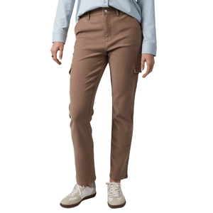 Brown cargo pants with side pockets paired with white sneakers and a light blue long-sleeve shirt.