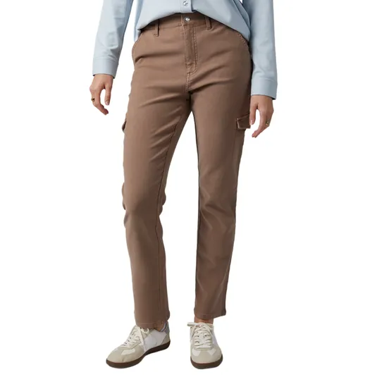Brown cargo pants with side pockets paired with white sneakers and a light blue long-sleeve shirt.