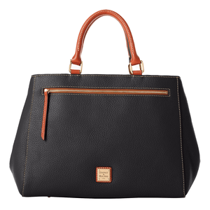A black Dooney & Bourke Pebble-Grain Satchel with brown leather handles, a front zip pocket, gold hardware, and a logo patch.