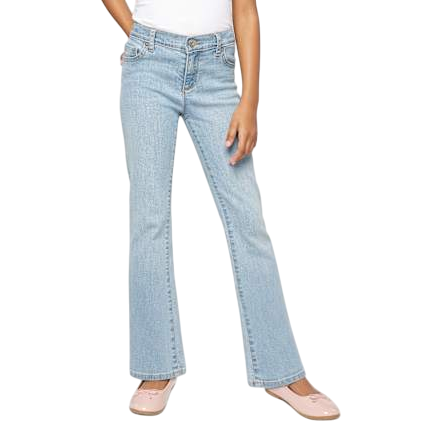 A child is wearing light blue flared jeans with a white top and pale pink shoes.