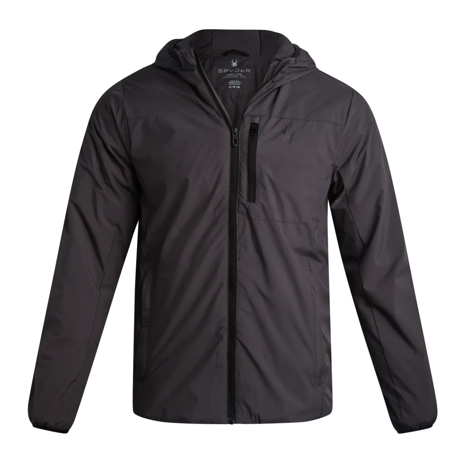 Dark gray hooded jacket with zip-up front and chest pocket, featuring a subtle logo on the chest.