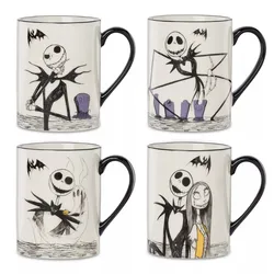 Four mugs featuring black-and-white sketches of a skeleton character and a ragdoll character, with bats and gravestones as part of the design.
