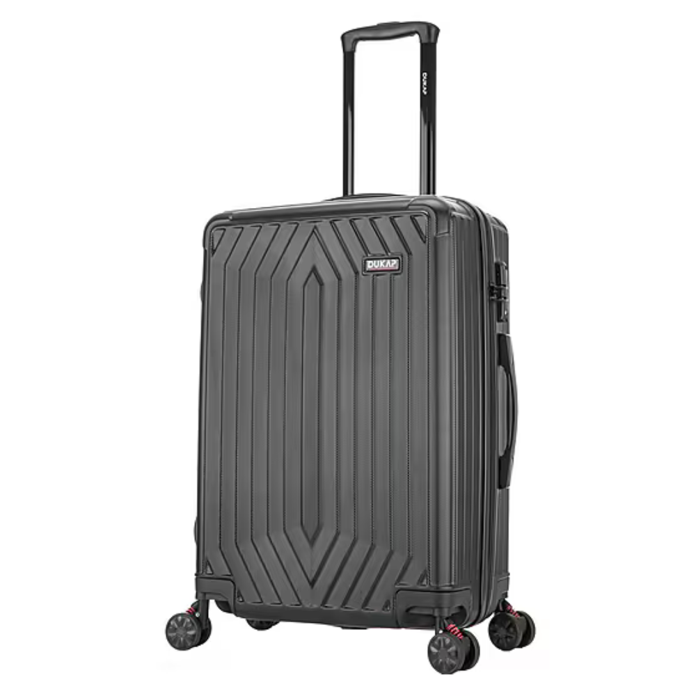 A black hard-shell suitcase with a telescopic handle and four double spinner wheels, featuring a geometric pattern on its surface.