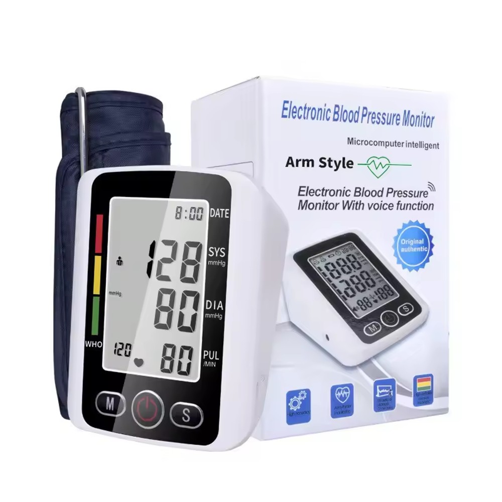 Electronic blood pressure monitor with arm cuff, digital display, and voice function, shown in packaging.