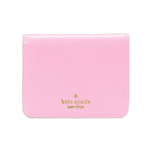Pink Kate Spade bifold leather wallet featuring gold logo lettering.