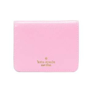 Pink Kate Spade bifold leather wallet featuring gold logo lettering.