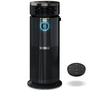 Refurb Shark Heater & Air Purifier combines heating and air purification functions in a sleek black tower with a digital display and a remote control for easy operation.