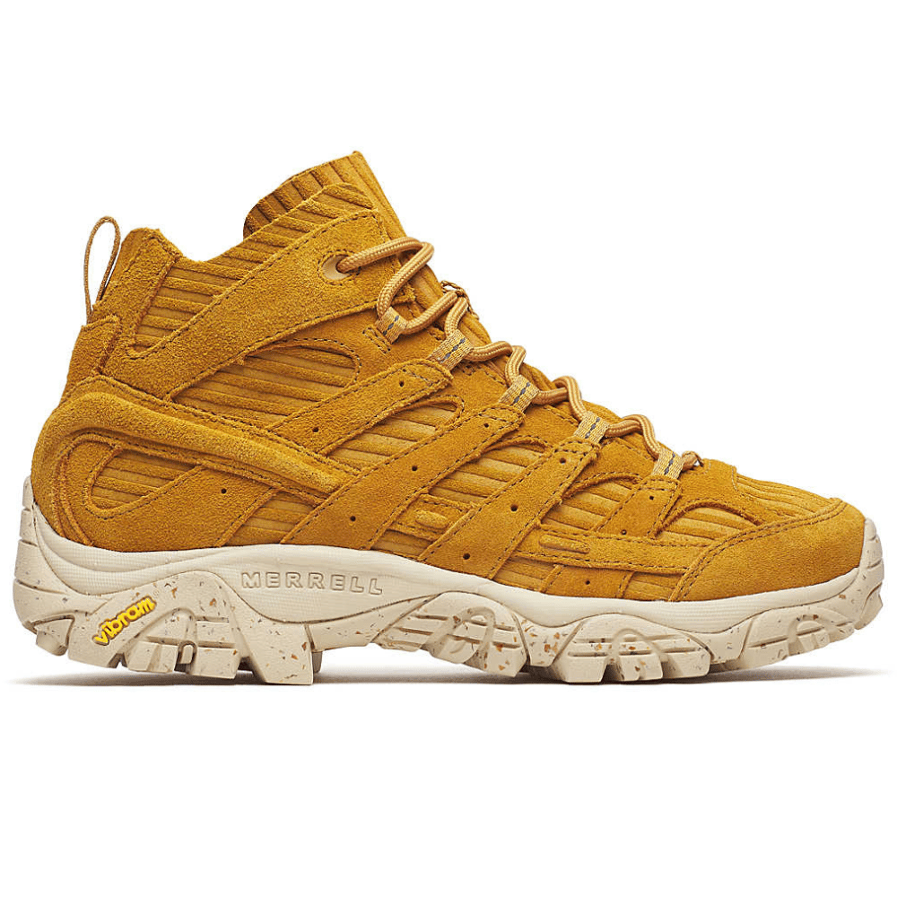 Merrell hiking boot in mustard yellow with a Vibram outsole and textured design.