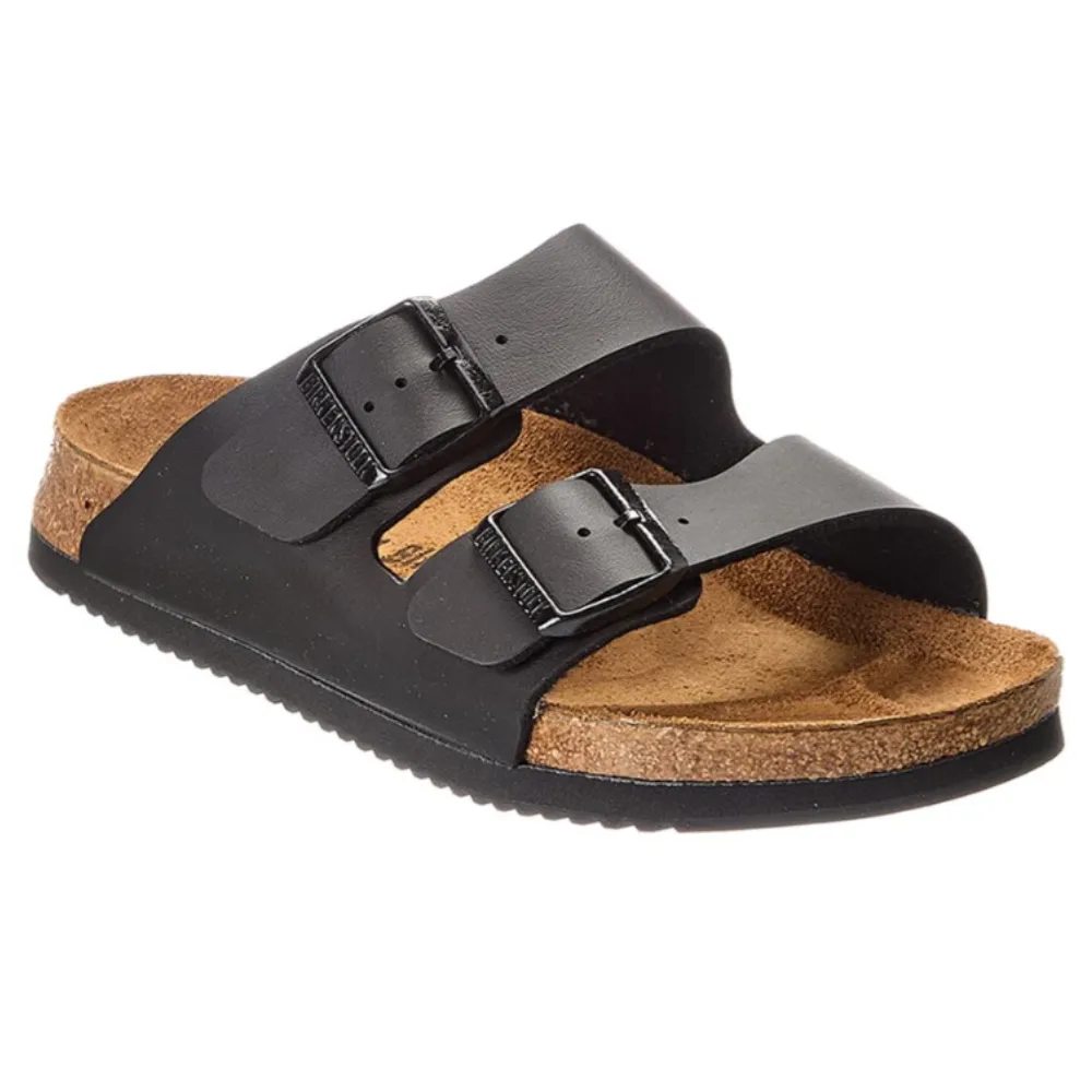 Black sandal with dual adjustable straps and a cork footbed, resembling a classic Birkenstock design.