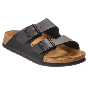 Black sandal with dual adjustable straps and a cork footbed, resembling a classic Birkenstock design.