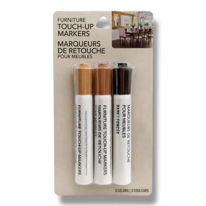 Three furniture touch-up markers in varying shades (light, medium, and dark) are packaged for easy color matching, with text in English and French.