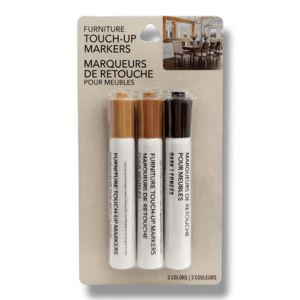 Three furniture touch-up markers in varying shades (light, medium, and dark) are packaged for easy color matching, with text in English and French.