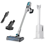 Cordless stick vacuum cleaner with a detachable battery, cleaning attachments, and a charging station.