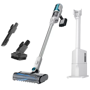 Cordless stick vacuum cleaner with a detachable battery, cleaning attachments, and a charging station.