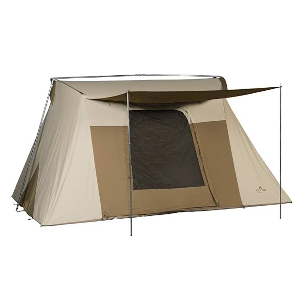 The Teton Sports Mesa 14 Canvas Tent is a large, sturdy cabin-style tent featuring durable canvas material, a spacious interior, an awning over the entrance, and metal poles for support, providing reliable shelter for camping.