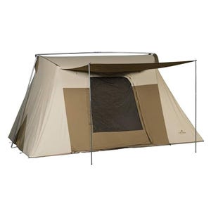 The Teton Sports Mesa 14 Canvas Tent is a large, sturdy cabin-style tent featuring durable canvas material, a spacious interior, an awning over the entrance, and metal poles for support, providing reliable shelter for camping.