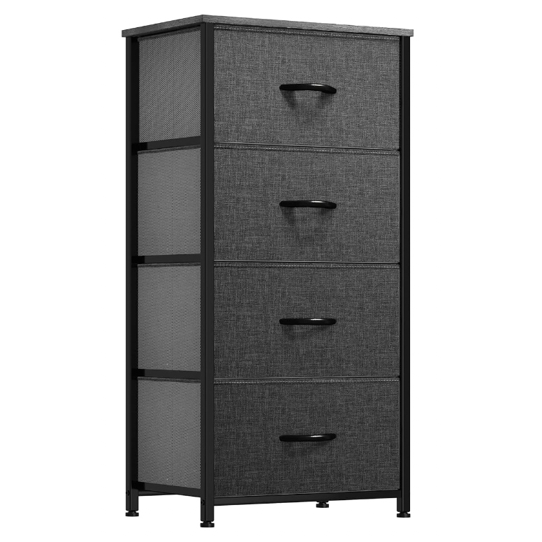 A tall, narrow dresser featuring four fabric drawers in dark gray with black pull handles, framed by a metal mesh structure.