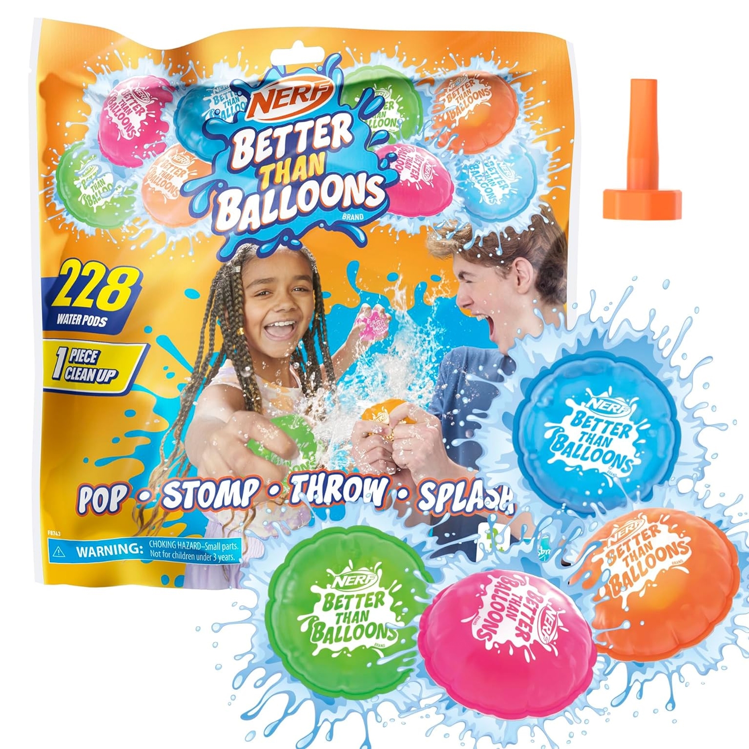 NERF Better Than Balloons are water pods designed for outdoor play, featuring 228 pods that offer a mess-free water balloon alternative. Users can pop, stomp, throw, and splash for fun, with an included nozzle for easy setup.