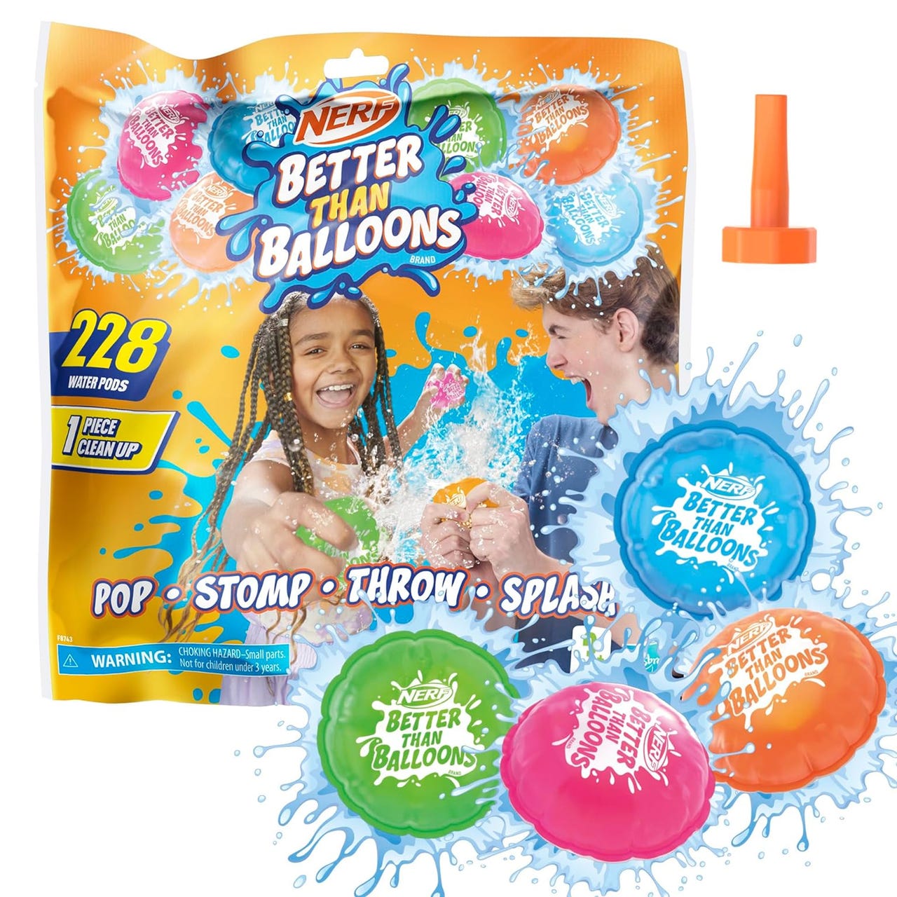 NERF Better Than Balloons are water pods designed for outdoor play, featuring 228 pods that offer a mess-free water balloon alternative. Users can pop, stomp, throw, and splash for fun, with an included nozzle for easy setup.