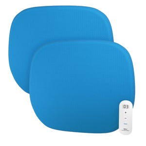 Two blue Smart Back Cushions with a textured surface, accompanied by a remote control displaying \“03\“ for adjustable settings.