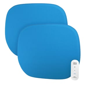 Two blue Smart Back Cushions with a textured surface, accompanied by a remote control displaying \“03\“ for adjustable settings.