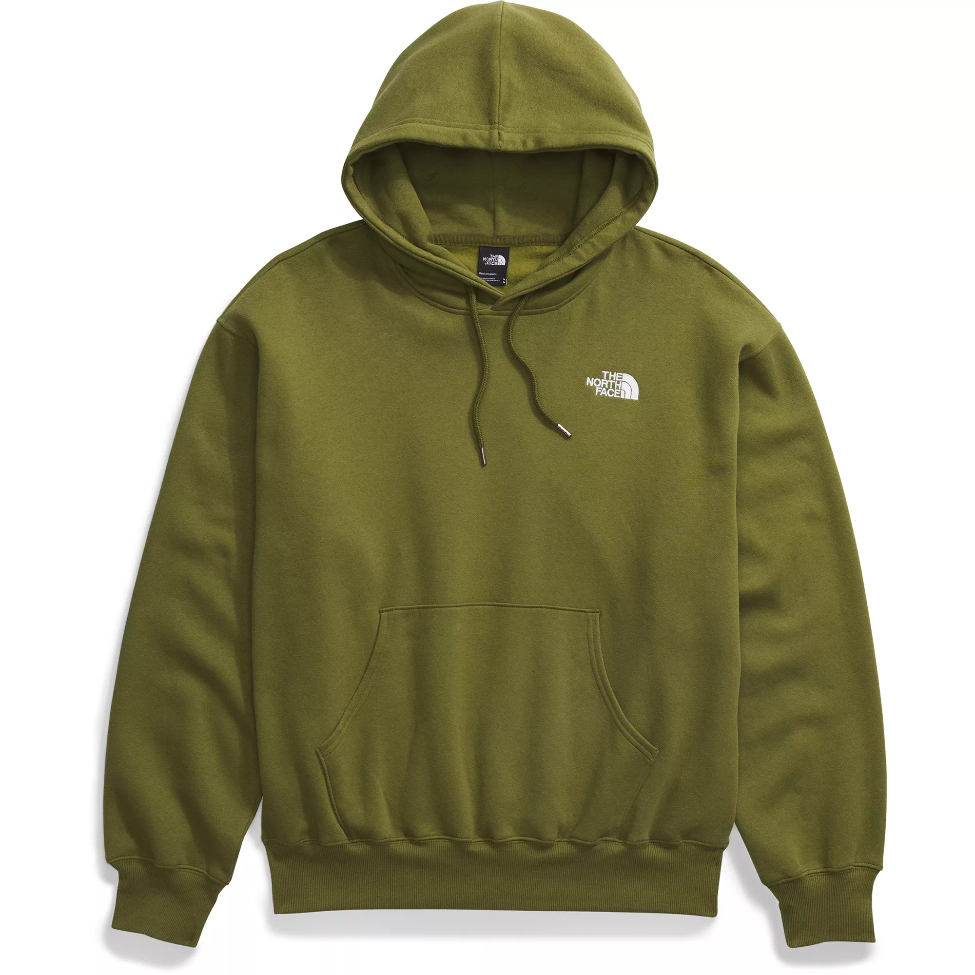 The North Face Evolution Hoodie is an olive green, long-sleeved garment with a front pocket, adjustable drawstring hood, and white logo on the chest. It's made of a soft material suitable for casual wear.