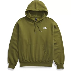 The North Face Evolution Hoodie is an olive green, long-sleeved garment with a front pocket, adjustable drawstring hood, and white logo on the chest. It's made of a soft material suitable for casual wear.