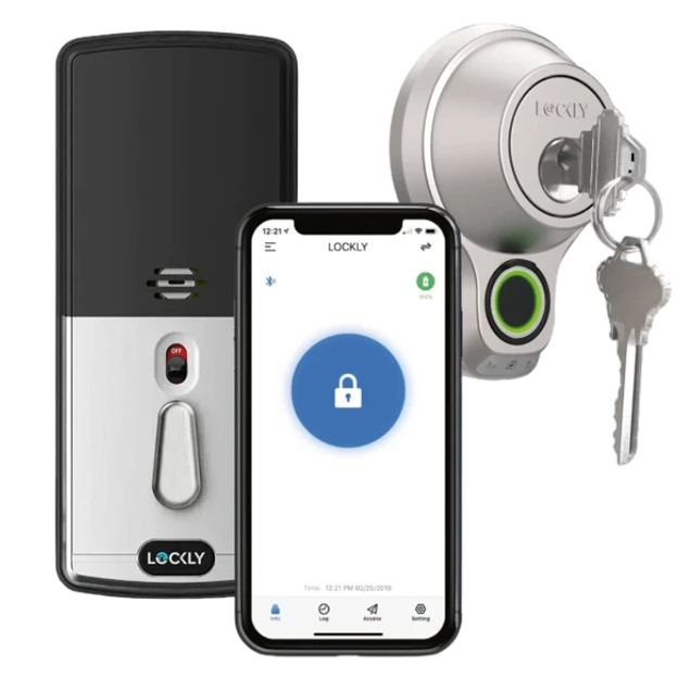 The Lockly Fingerprint Smart Lock system includes a door lock with a fingerprint scanner, a connected mobile app for remote access, and a traditional key backup.