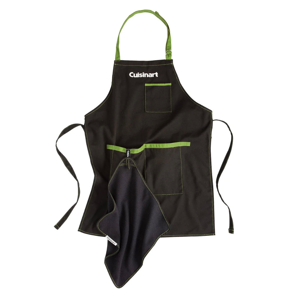 Black apron with green accents featuring a chest pocket, large front pocket, and a looped hand towel attached.