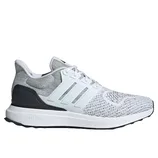 White and gray athletic shoe featuring a knit upper, three stripes on the side, breathable mesh, and a cushioned sole marked \“Dreamstride\“.