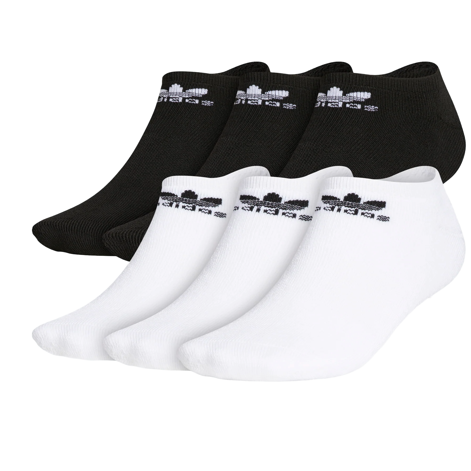 A set of six ankle socks, featuring three black pairs and three white pairs, each with a visible logo near the cuff.