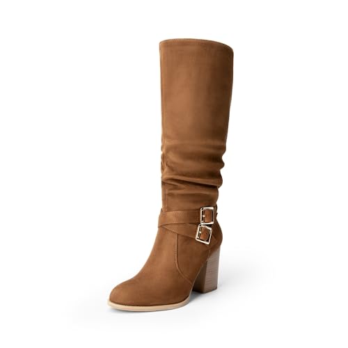 These are knee-high women's boots in a tan color, featuring a rounded toe, chunky heel, and two decorative buckles at the ankle.
