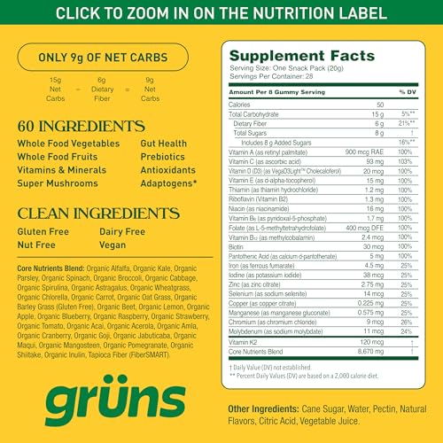 Grüns gummy supplements contain a blend of 60 ingredients, including whole food vegetables and fruits, super mushrooms, vitamins, minerals, and adaptogens. They're gluten, dairy, and nut-free, with 9g net carbs per serving.