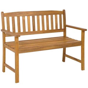 Acacia wood outdoor bench with vertical back slats, horizontal seat slats, and armrests, ideal for garden use.